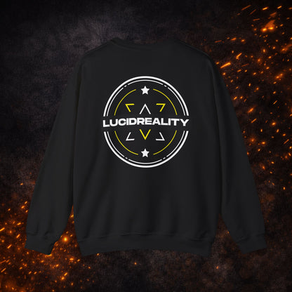 Back view of the black Logo Crewneck Sweatshirt featuring the large "LUCID REALITY" circular shield design.