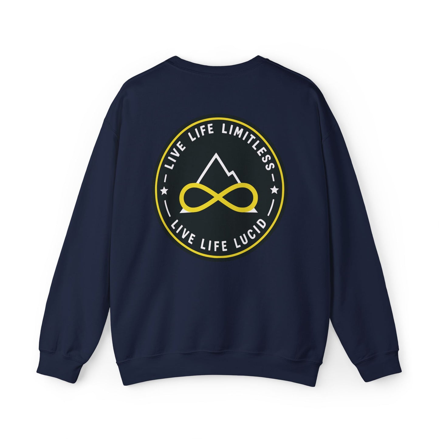Back of the navy Live Life Limitless Crewneck Sweatshirt with the gold mountain-and-infinity badge.