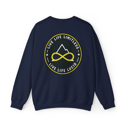 Back of the navy Live Life Limitless Crewneck Sweatshirt with the gold mountain-and-infinity badge.