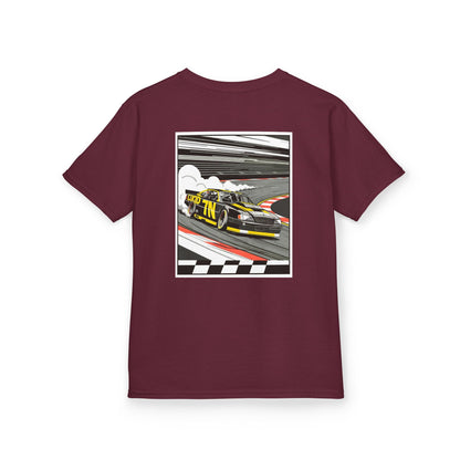 Maroon Pro Stock Racing Kids Tee, back Pro Stock car graphic, flat lay