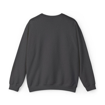 Dark heather grey custom Lucid Reality crewneck, blank back view, flat