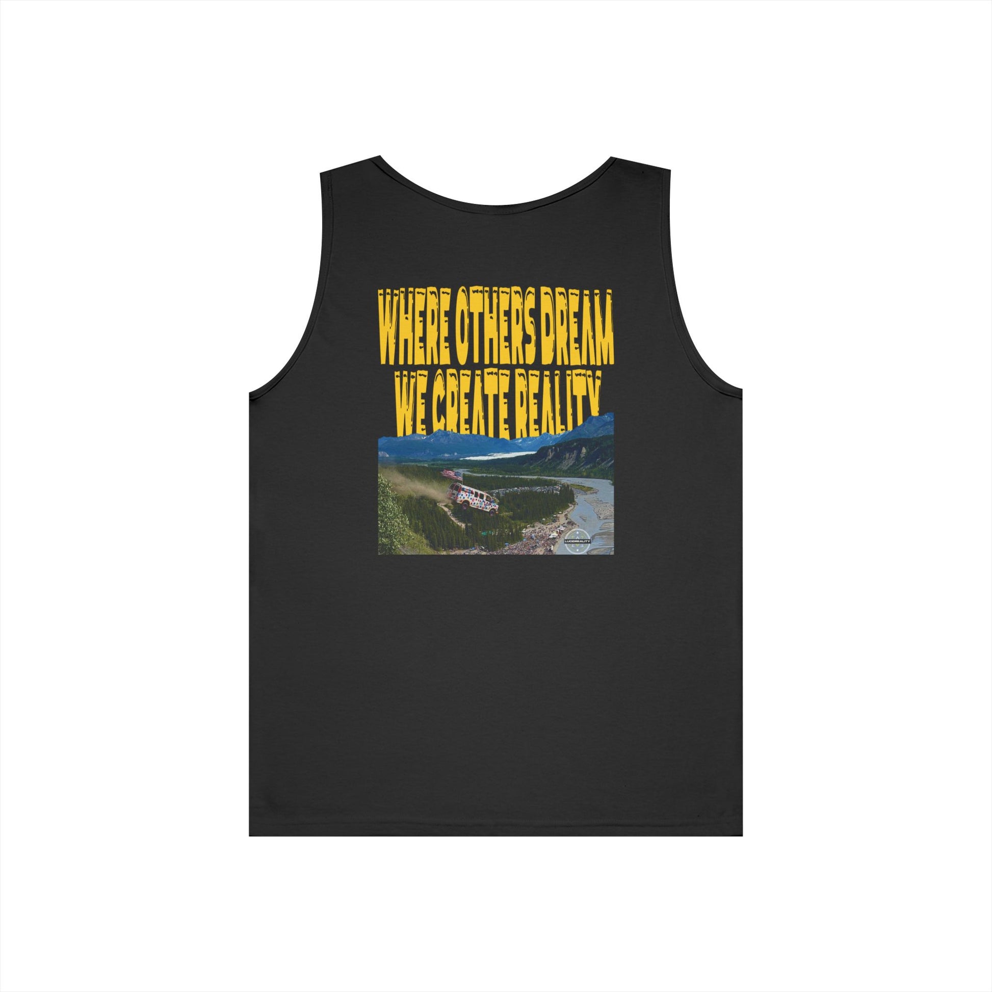 Black Where Others Dream tank, front Lucid Reality logo, flat lay