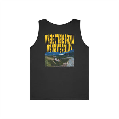 Black Where Others Dream tank, front Lucid Reality logo, flat lay
