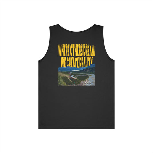Black Where Others Dream tank, front Lucid Reality logo, flat lay