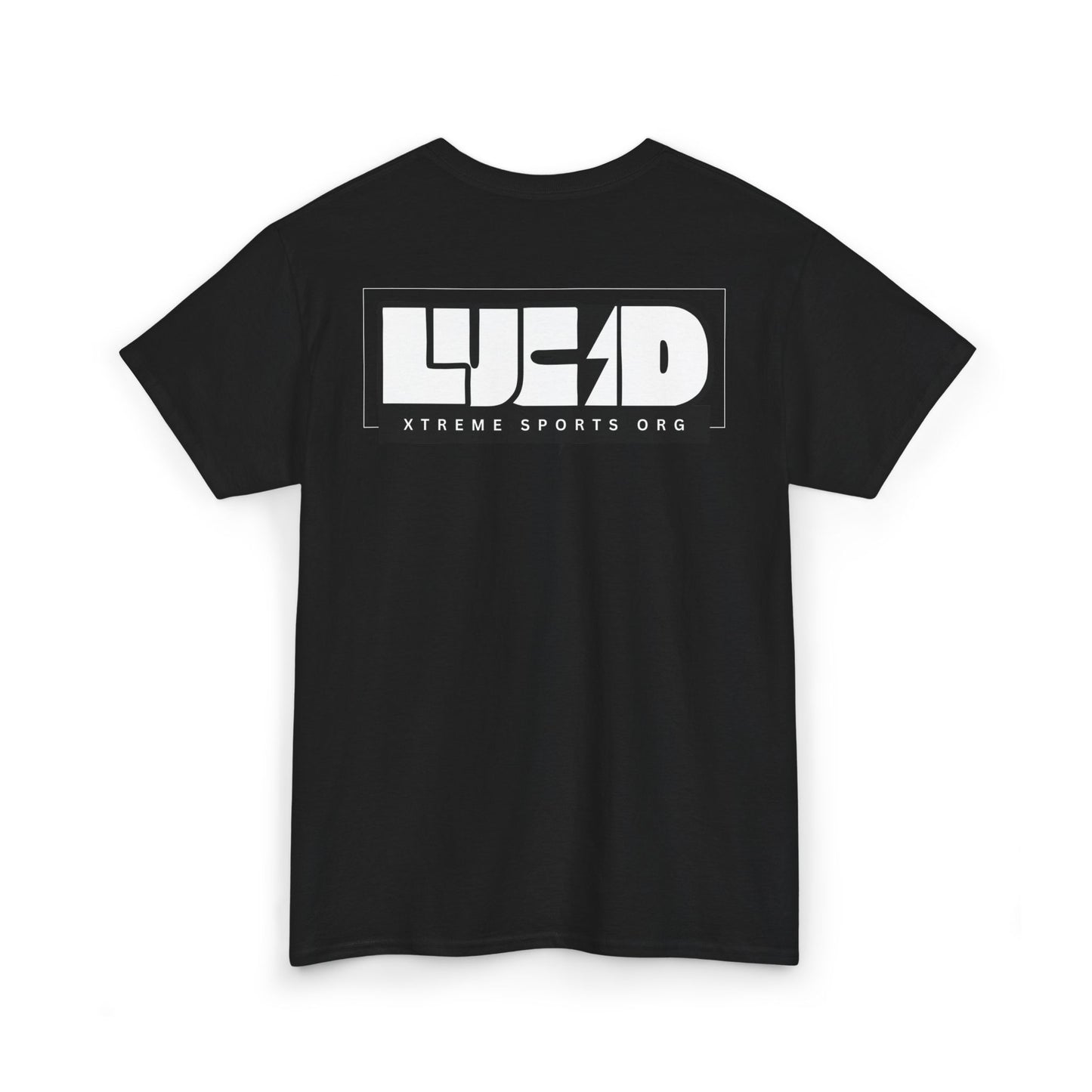 Back view of the black Lightning Bolt Tee featuring the white LUCID design with lightning bolt detail.