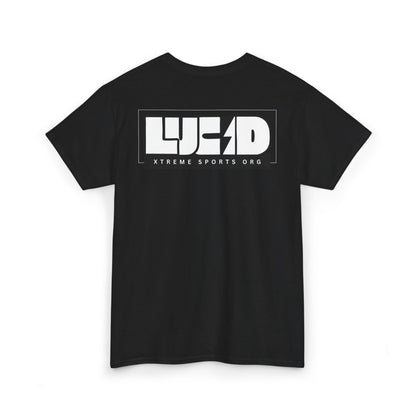 Back view of the black Lightning Bolt Tee featuring the white LUCID design with lightning bolt detail.