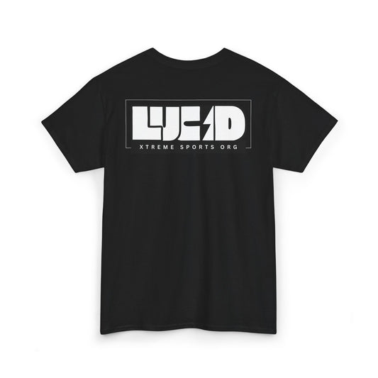 Back view of the black Lightning Bolt Tee featuring the white LUCID design with lightning bolt detail.