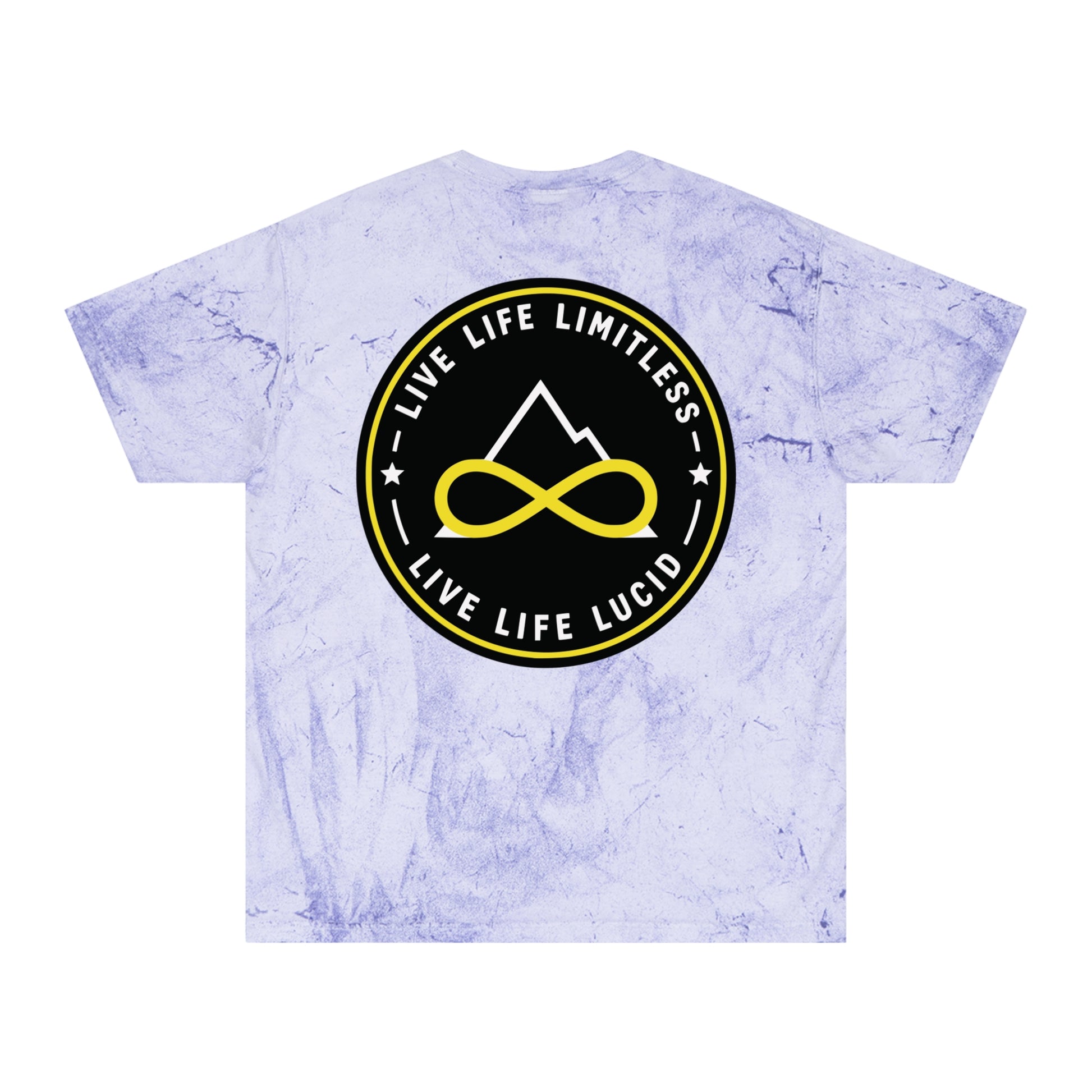 Fern Color Blast tee, marbled green, back Live Life Limitless badge graphic, flat