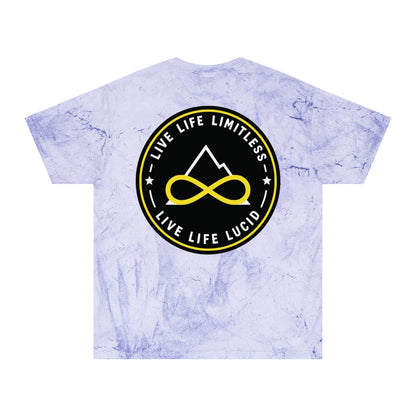 Fern Color Blast tee, marbled green, back Live Life Limitless badge graphic, flat