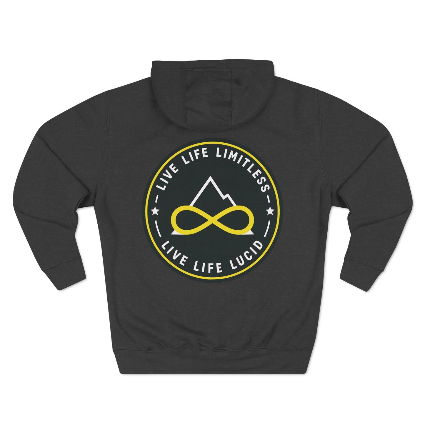 Back of the charcoal heather Live Life Limitless Fleece Pullover Hoodie with the gold mountain-and-infinity badge.