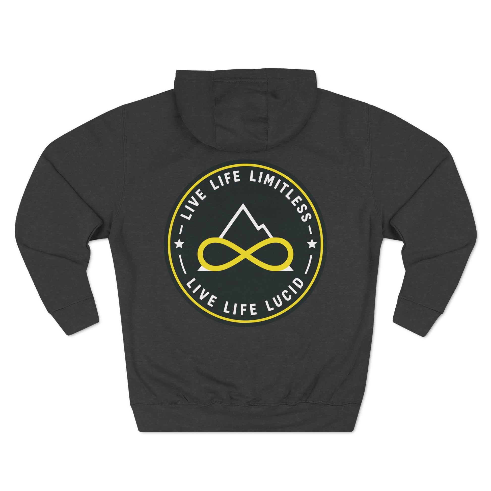 Back of the charcoal heather Live Life Limitless Fleece Pullover Hoodie with the gold mountain-and-infinity badge.