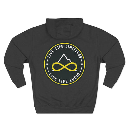 Back of the charcoal heather Live Life Limitless Fleece Pullover Hoodie with the gold mountain-and-infinity badge.