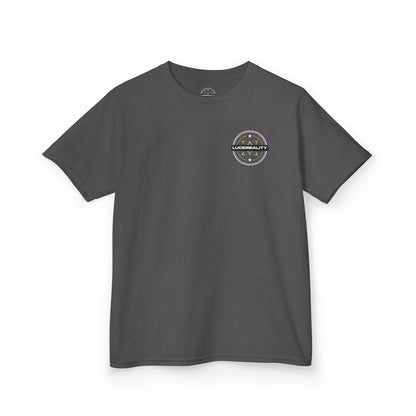 Charcoal Lightning Bolt Kids Tee, front circular logo, flat lay