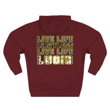 Burgundy Live Life Limitless hoodie, back graphic, flat