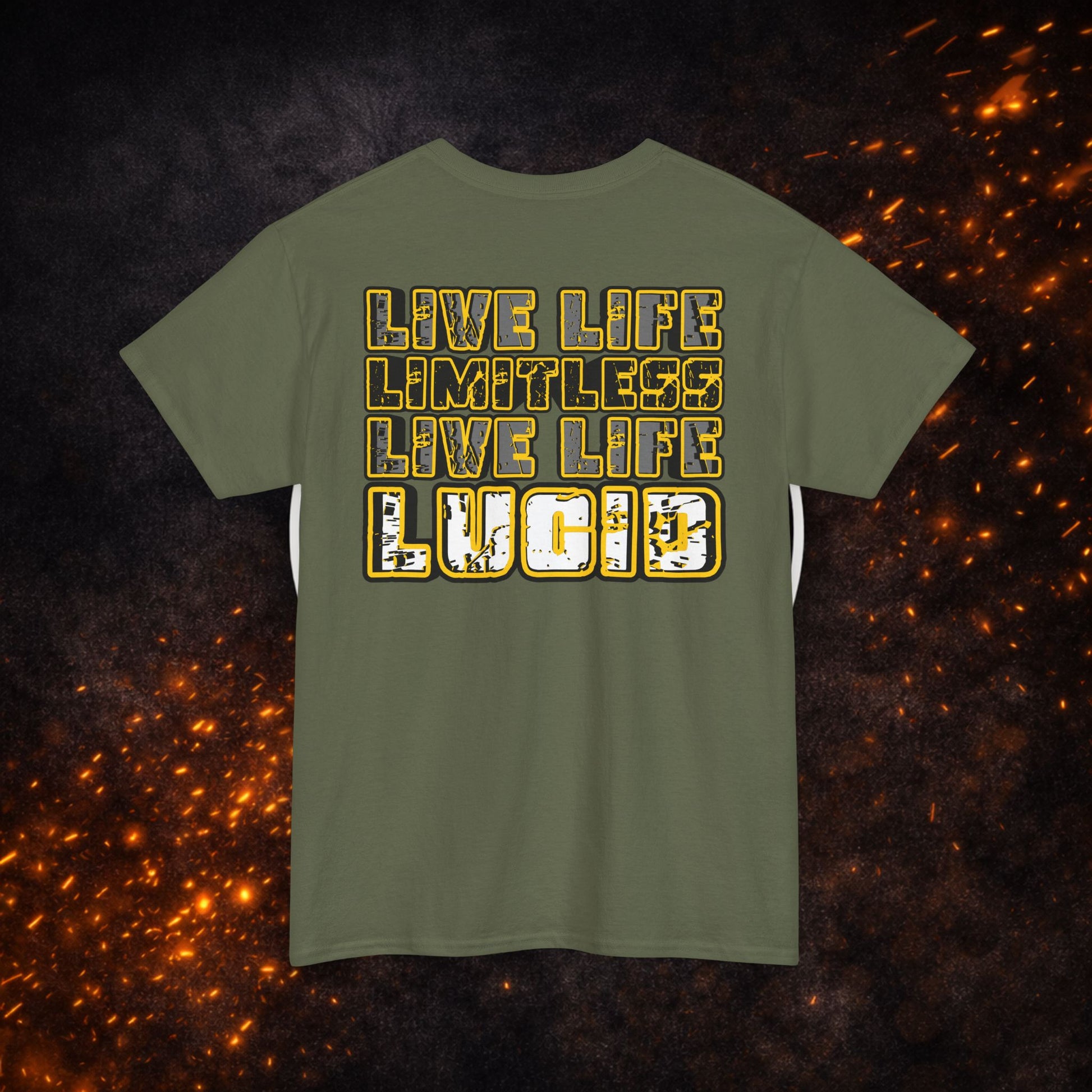 Back view of the military green "Live Life Limitless Live Life Lucid" Tee featuring the bold gold text design.