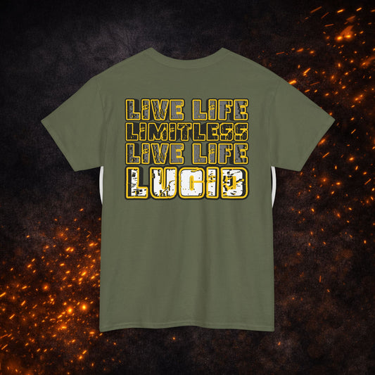 Back view of the military green "Live Life Limitless Live Life Lucid" Tee featuring the bold gold text design.