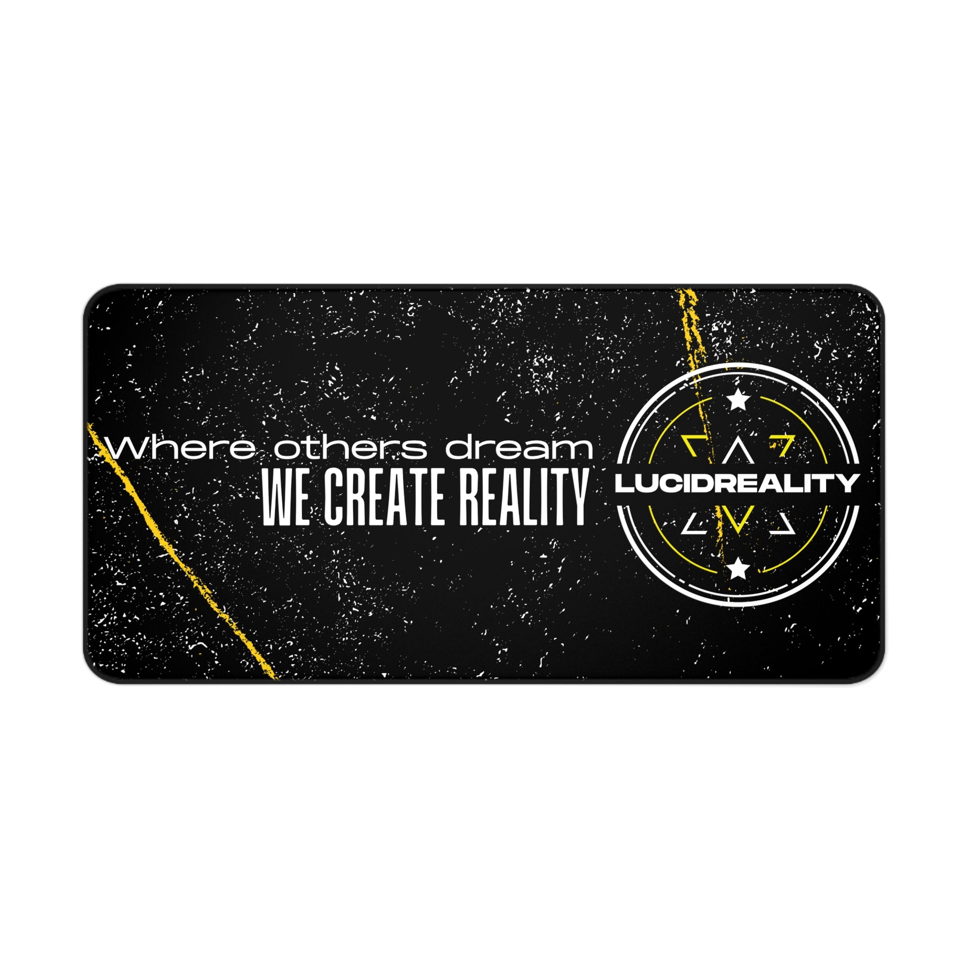 Where Others Dream desk mat, 16x32 inch, flat view of the Lucid Reality emblem with WHERE OTHERS DREAM, WE CREATE REALITY