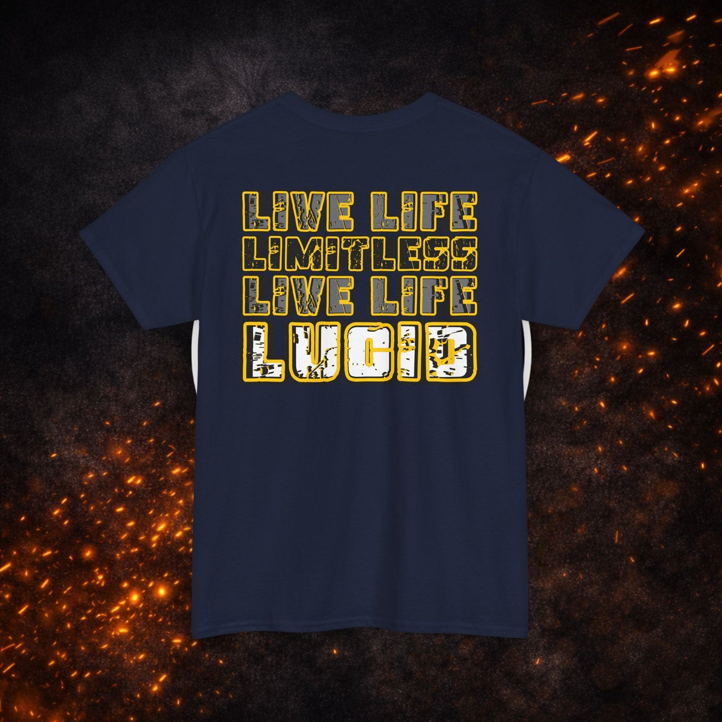 Back view of the navy blue "Live Life Limitless Live Life Lucid" Tee featuring the gold lettering.