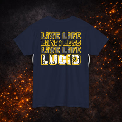 Back view of the navy blue "Live Life Limitless Live Life Lucid" Tee featuring the gold lettering.