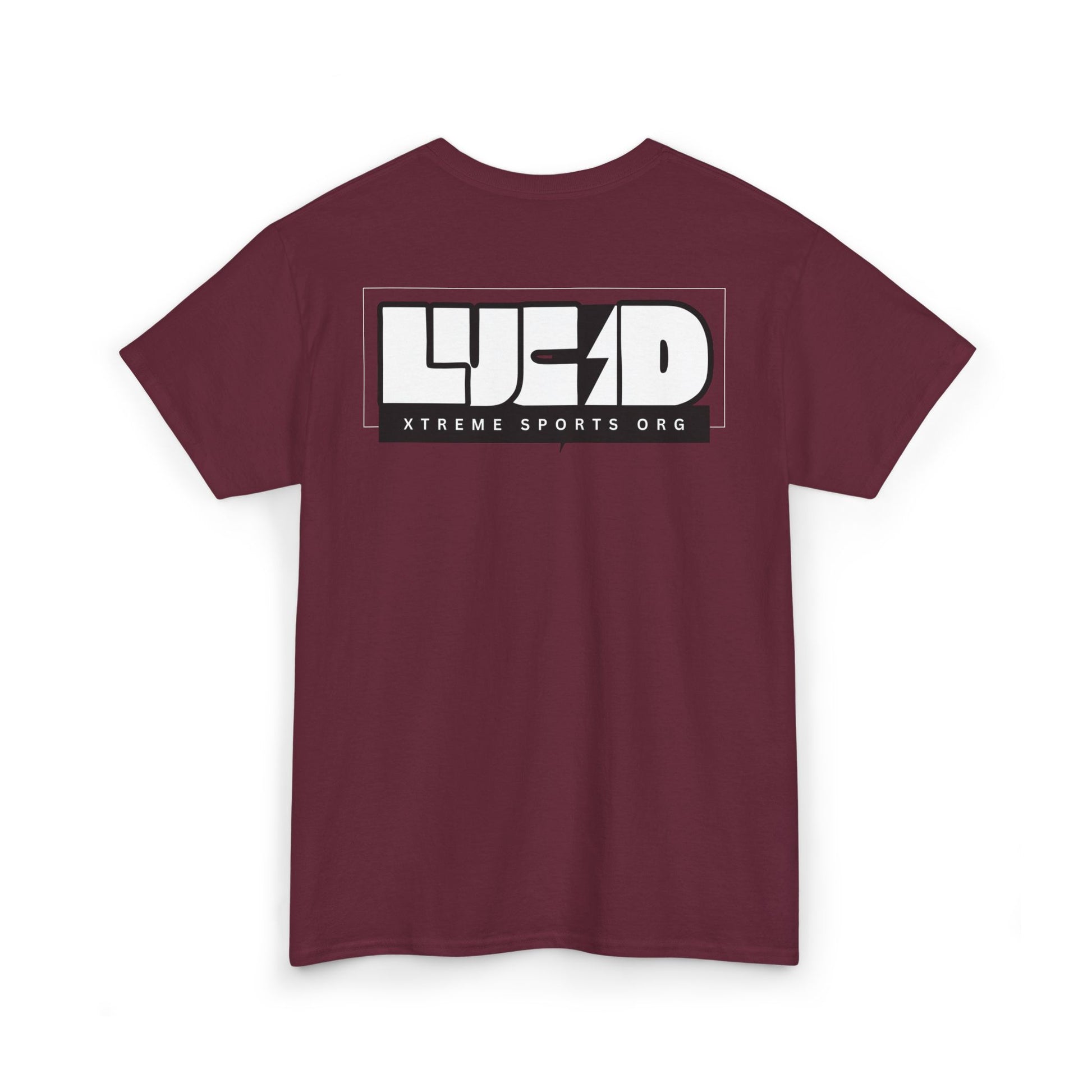 Maroon Lucid Reality tee, block LUCID logo back graphic, flat