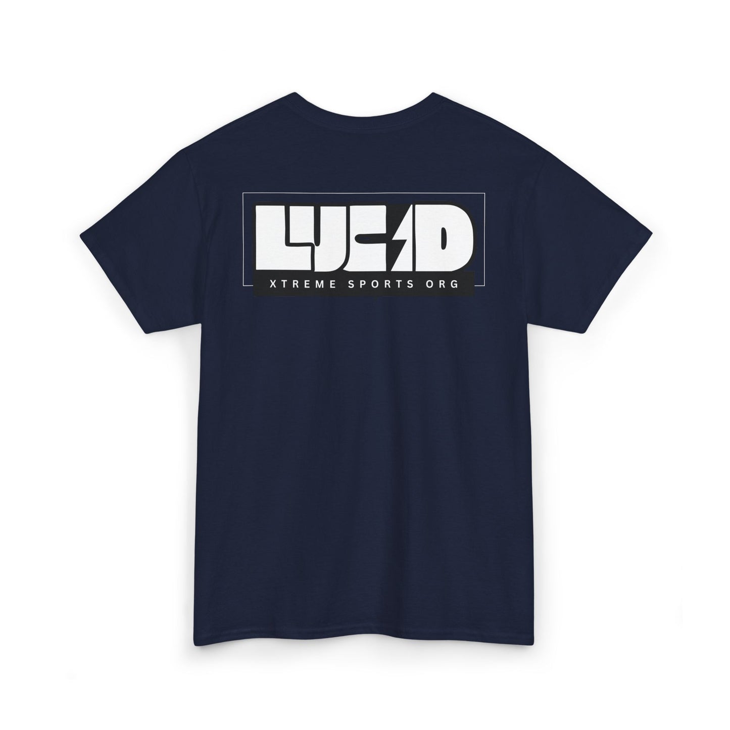 Back view of the navy Lightning Bolt Tee featuring the white LUCID design with lightning bolt detail.
