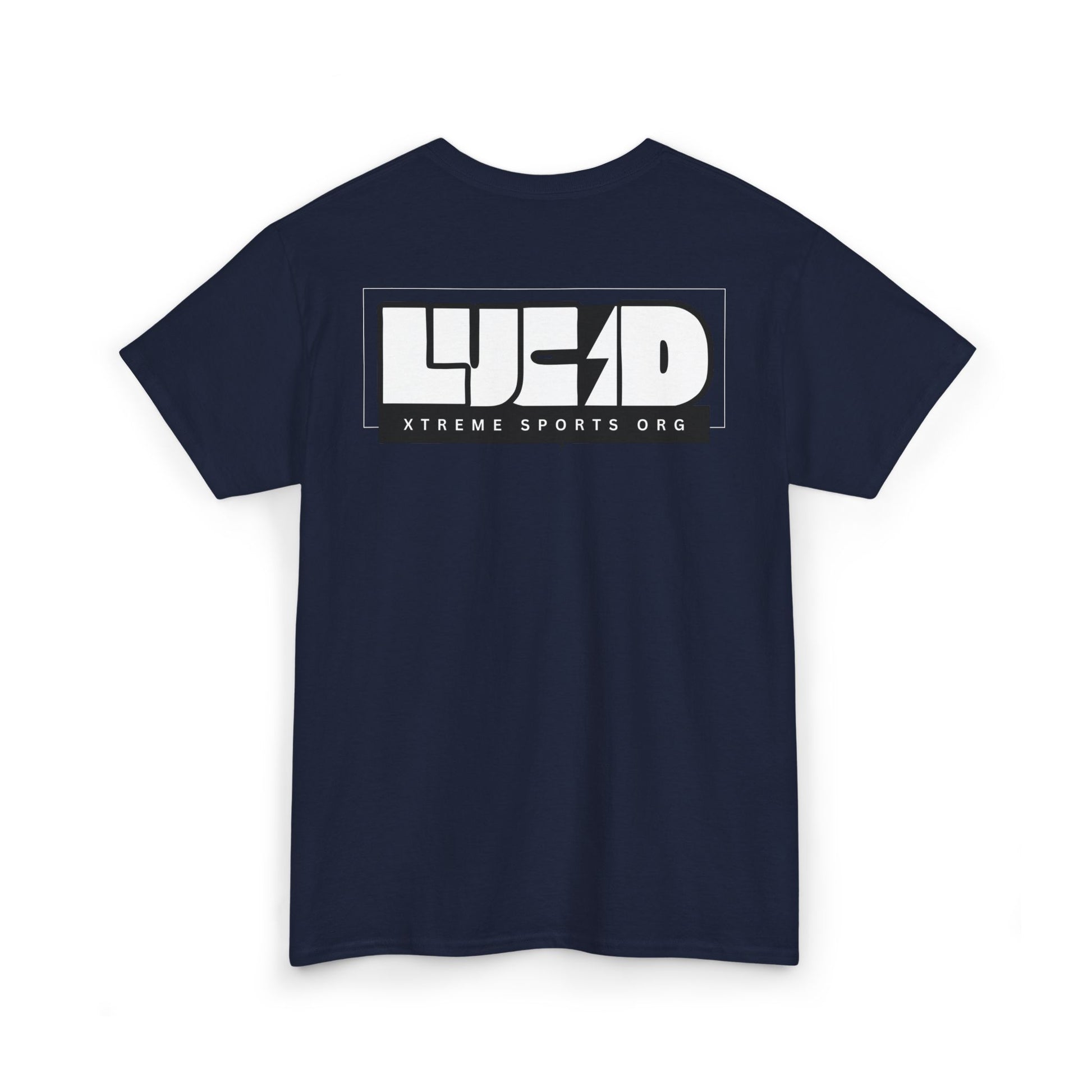 Back view of the navy Lightning Bolt Tee featuring the white LUCID design with lightning bolt detail.