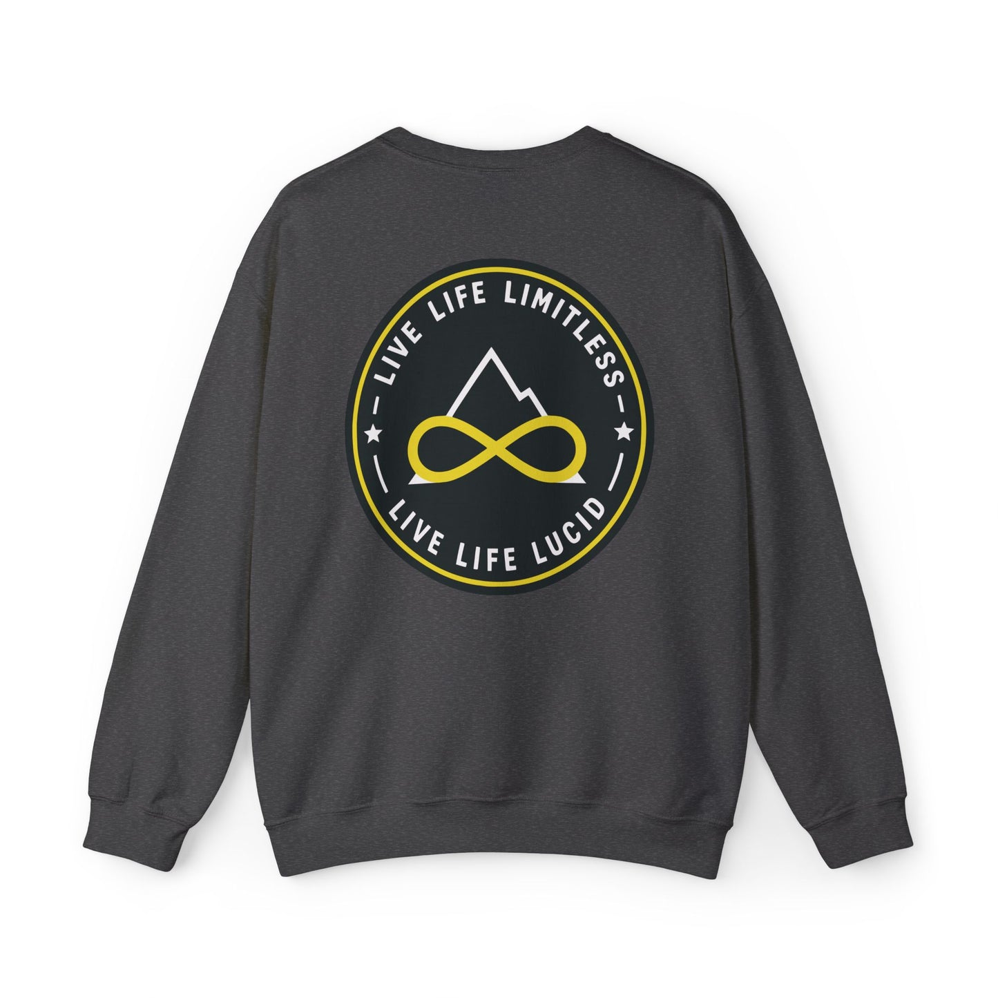 Back of the dark heather Live Life Limitless Crewneck Sweatshirt with the gold mountain-and-infinity badge.