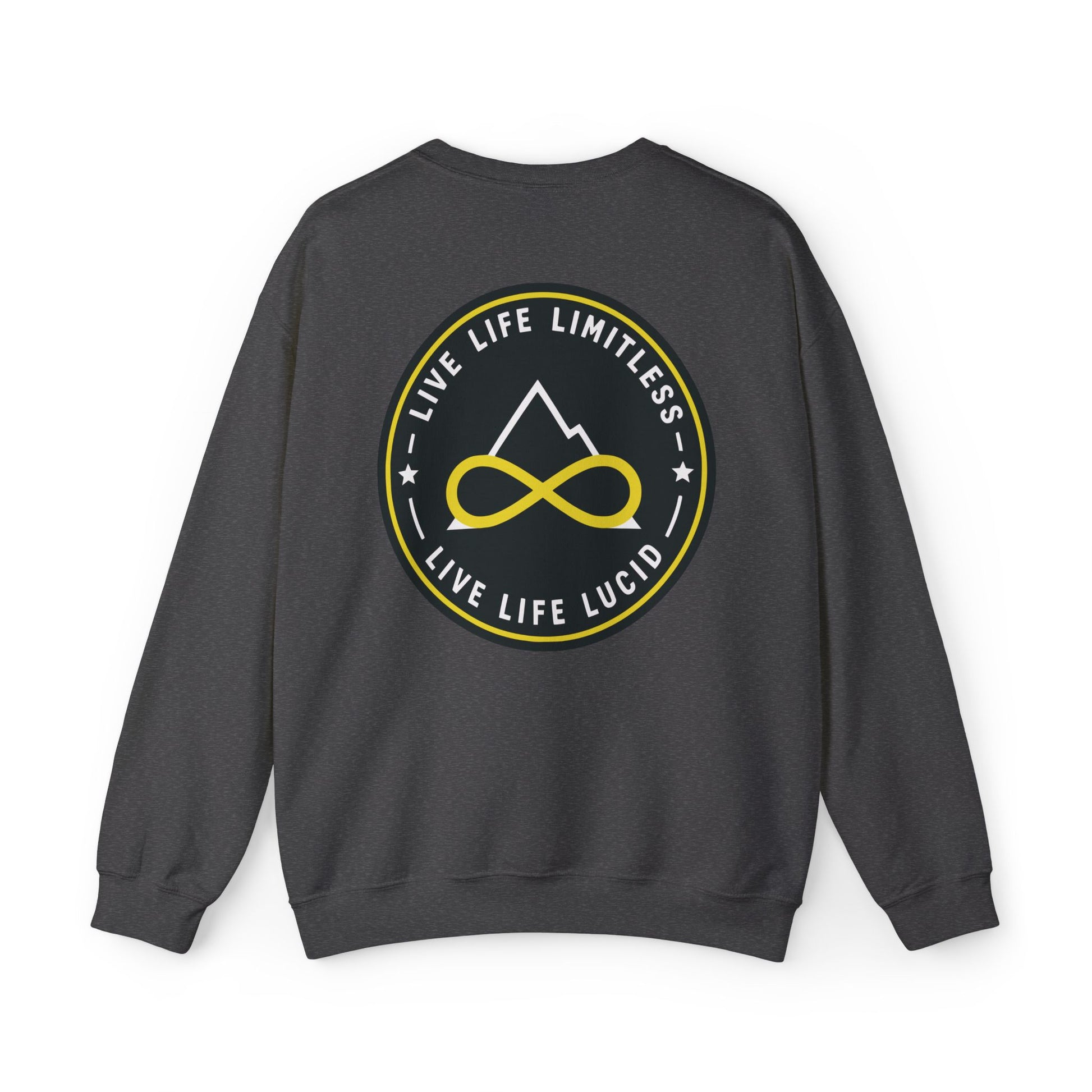 Back of the dark heather Live Life Limitless Crewneck Sweatshirt with the gold mountain-and-infinity badge.