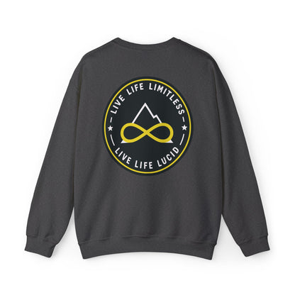 Back of the dark heather Live Life Limitless Crewneck Sweatshirt with the gold mountain-and-infinity badge.