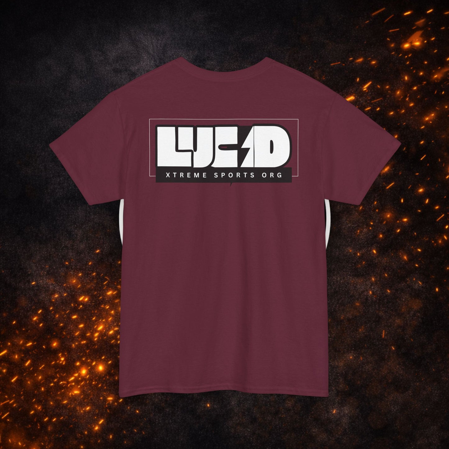 Back view of the maroon Lightning Bolt Tee featuring the white "LUCID" design with lightning bolt detail.