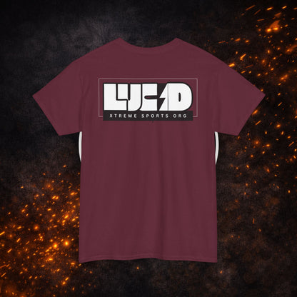 Back view of the maroon Lightning Bolt Tee featuring the white "LUCID" design with lightning bolt detail.