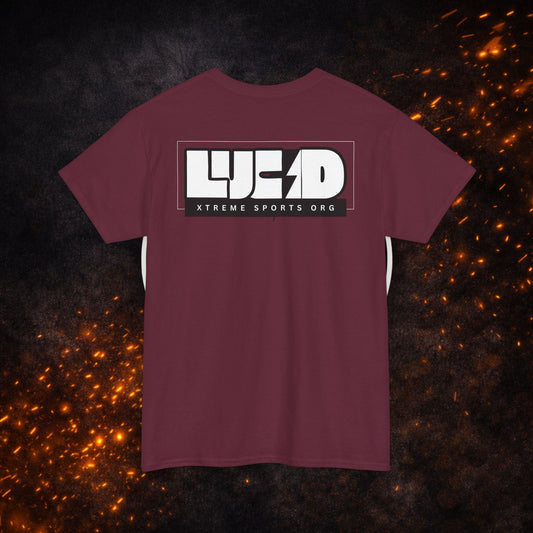 Back view of the maroon Lightning Bolt Tee featuring the white "LUCID" design with lightning bolt detail.