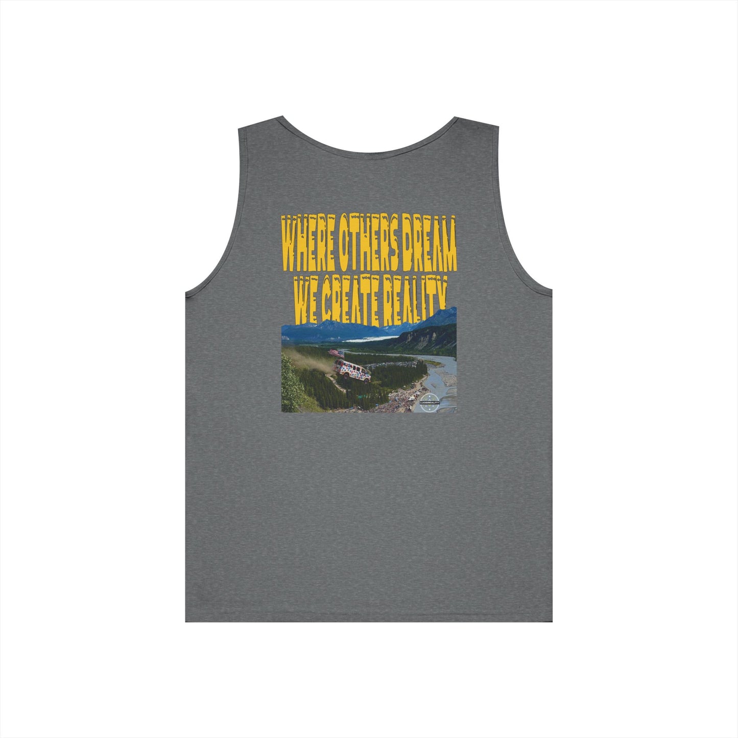 Graphite Heather Where Others Dream tank, WHERE OTHERS DREAM WE CREATE REALITY back graphic, flat lay