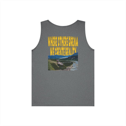 Graphite Heather Where Others Dream tank, WHERE OTHERS DREAM WE CREATE REALITY back graphic, flat lay