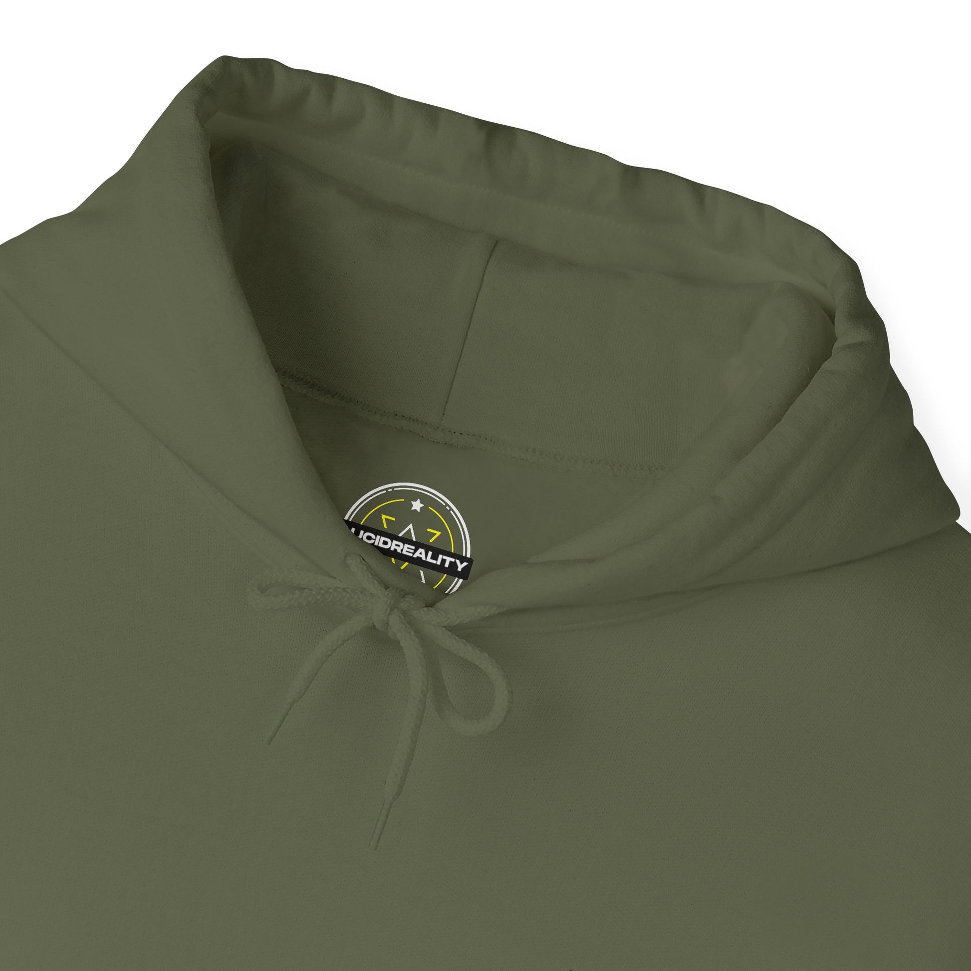 Lifestyle photo of the Lucid Reality Minimalist Embroidered Logo Hoodie – White & Gold