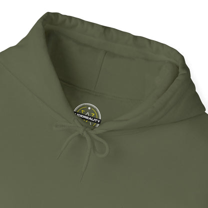 Lifestyle photo of the Lucid Reality Minimalist Embroidered Logo Hoodie – White & Gold