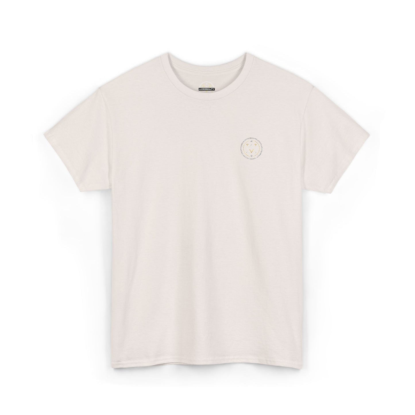 Front product mockup of the Lucid Reality Minimalist Embroidered Logo Tee – White & Gold