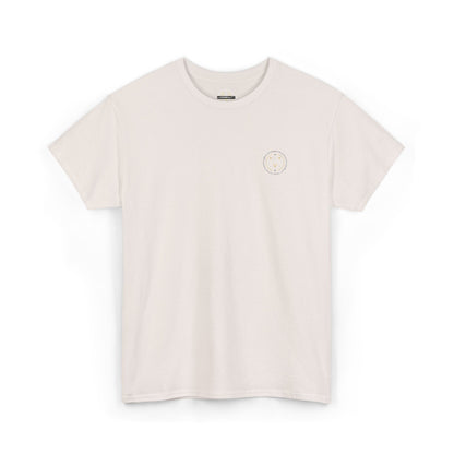 Front product mockup of the Lucid Reality Minimalist Embroidered Logo Tee – White & Gold
