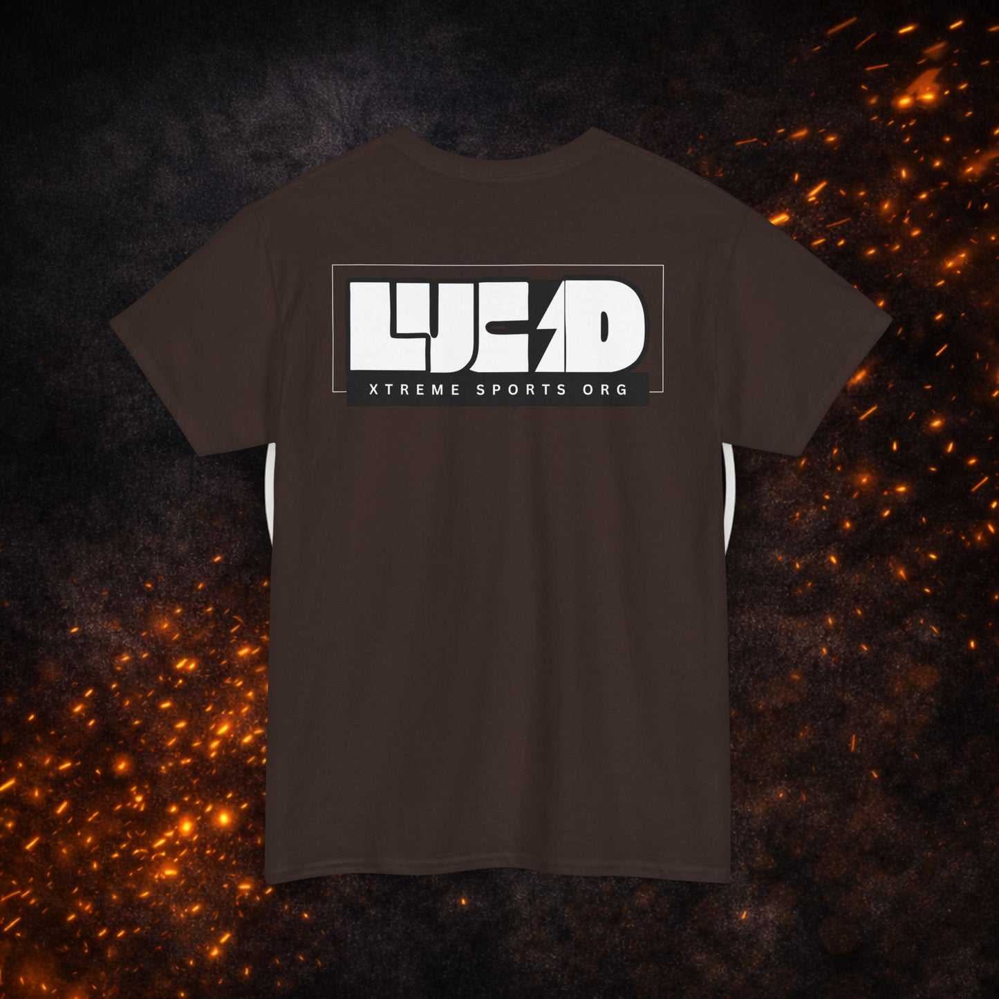Back view of the brown Lightning Bolt Tee featuring the white "LUCID" graphic.