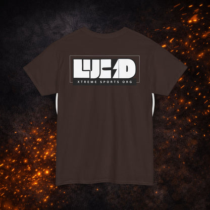 Back view of the brown Lightning Bolt Tee featuring the white "LUCID" graphic.