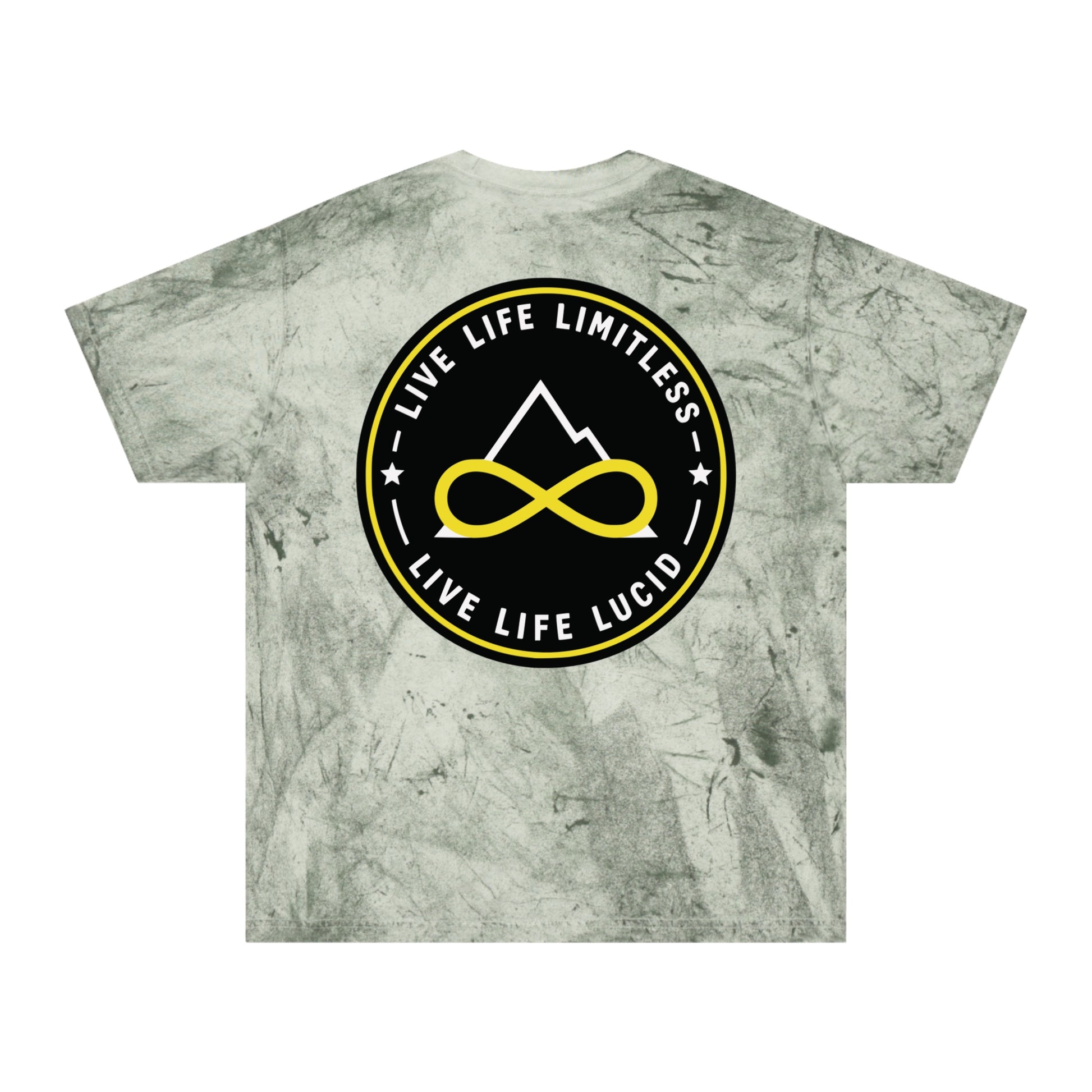 Ocean Color Blast tee, marbled blue, back Live Life Limitless badge graphic, flat