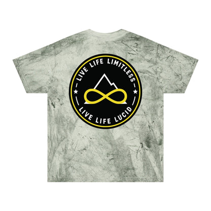 Ocean Color Blast tee, marbled blue, back Live Life Limitless badge graphic, flat