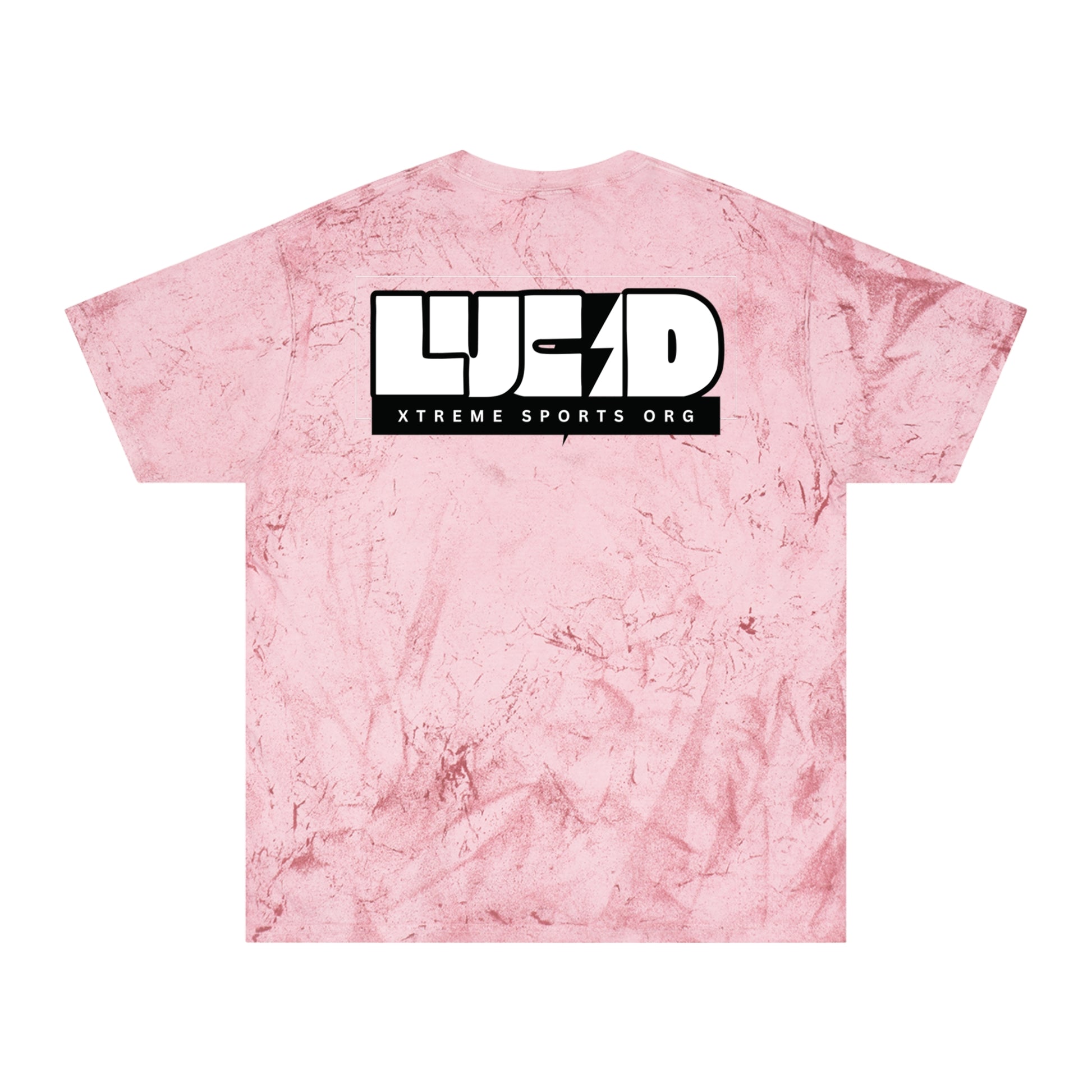 Clay Color Blast tee, marbled rust, block LUCID logo back graphic, flat