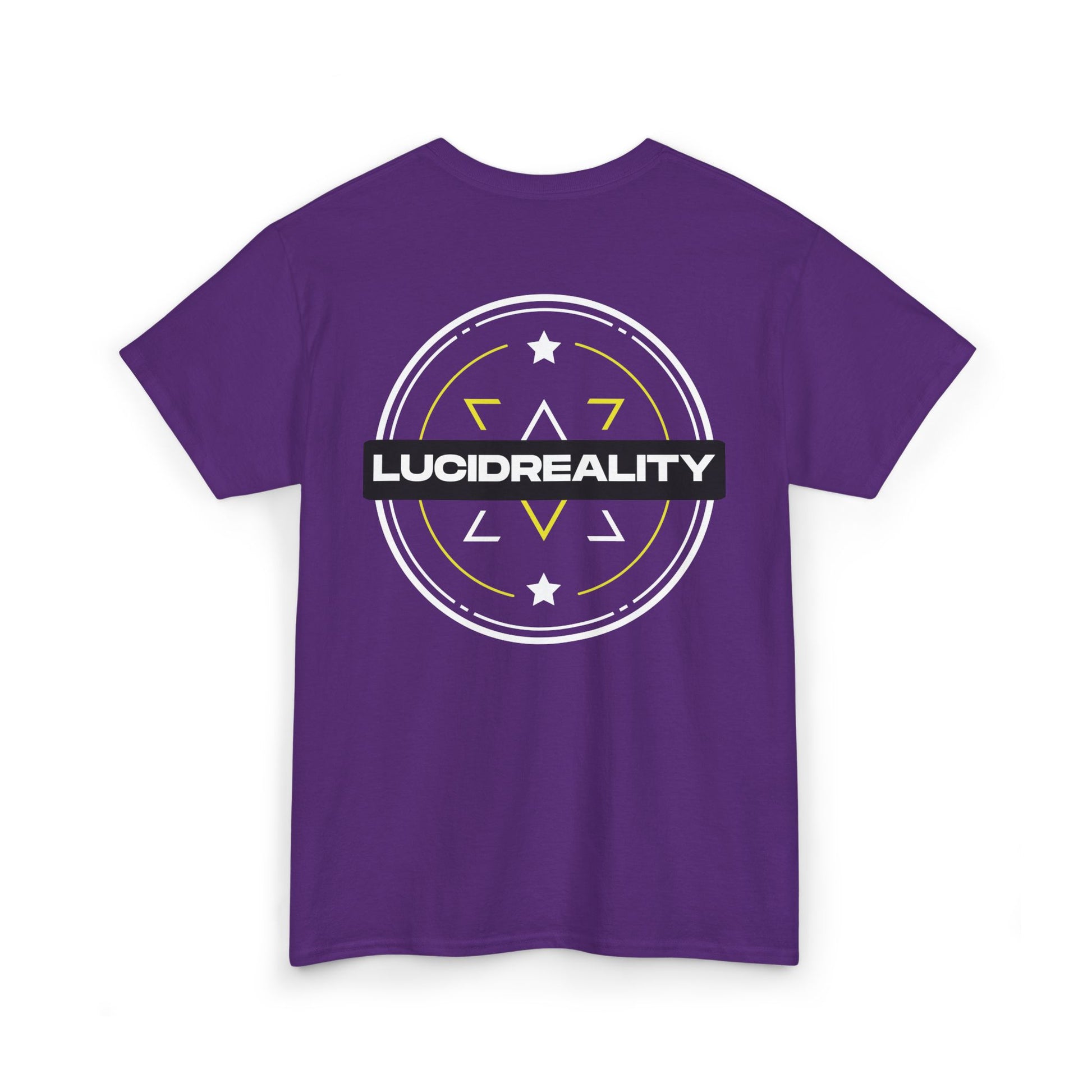 Purple Lucid Reality logo tee, back emblem, flat