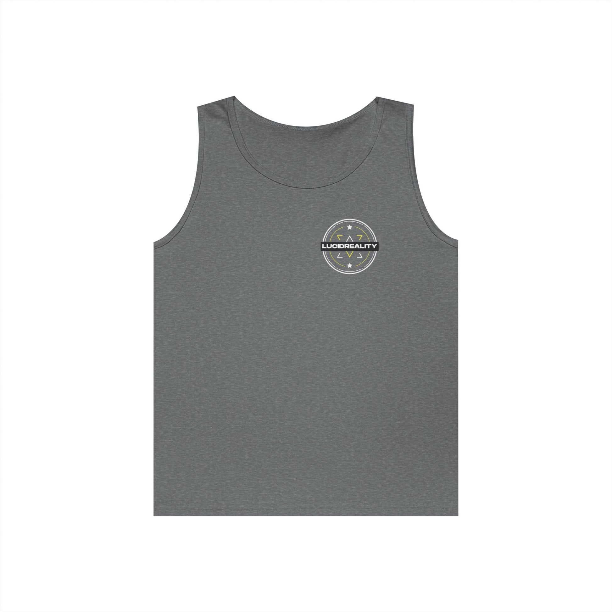 Graphite Heather Logo Tank, front Lucid Reality logo, flat lay