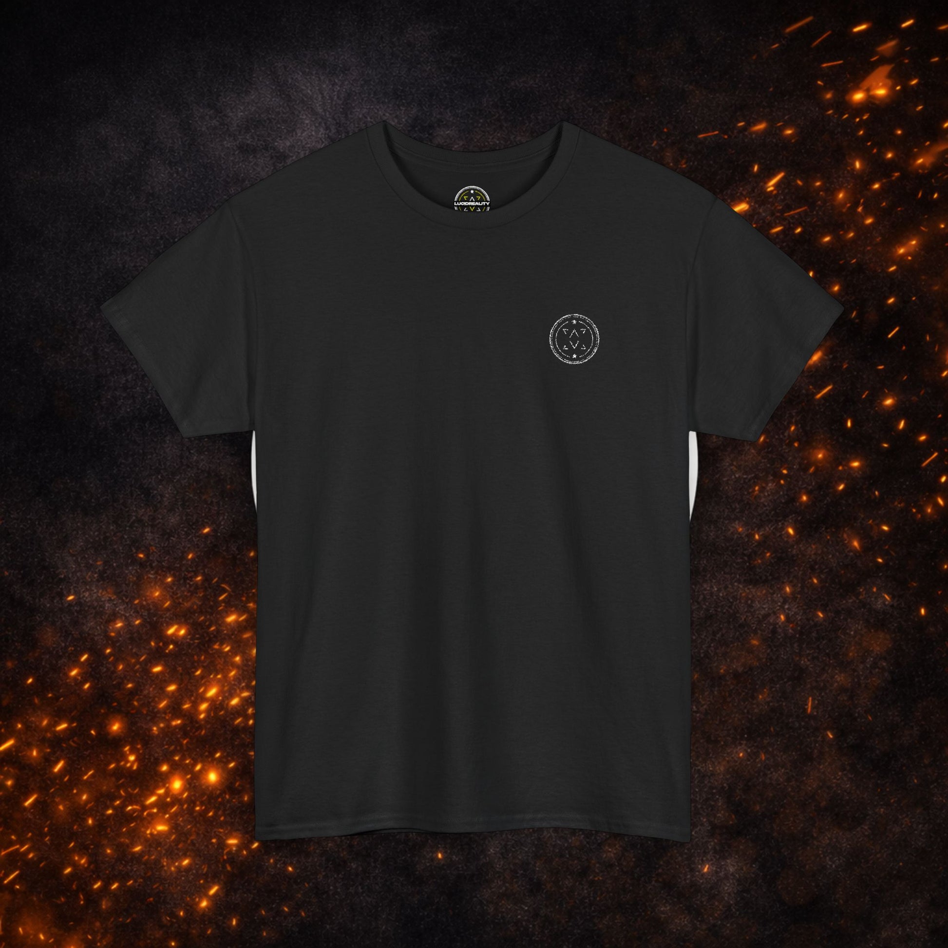 Black Lucid Reality Minimalist Embroidered Logo Tee with small white embroidered logo on the front left chest, short sleeves, and crew neckline.