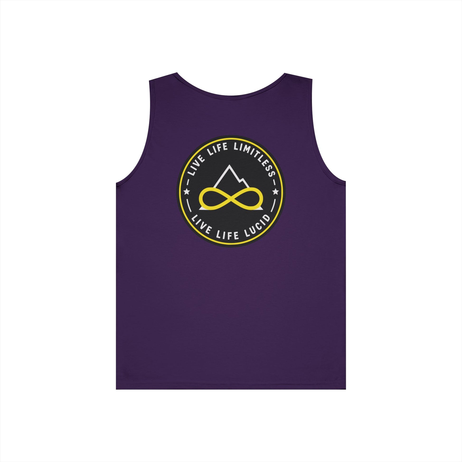 Graphite Heather Live Life Limitless Badge Tank, back view, flat lay