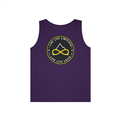Graphite Heather Live Life Limitless Badge Tank, back view, flat lay