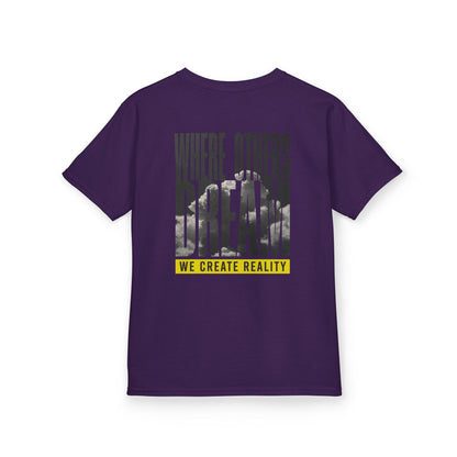Purple Where Others Dream Kids Tee, back Where Others Dream We Create Reality graphic, flat lay