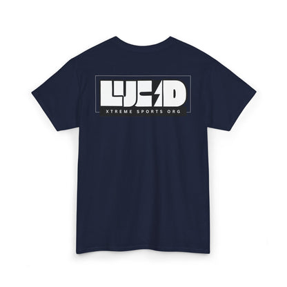 Navy Lucid Reality tee, block LUCID logo back graphic, flat